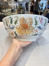 An unusual Chinese famille rose punch bowl with floral relief design, Qianlong