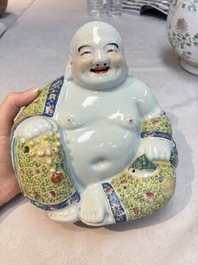 A Chinese famille rose 'boys and roosters' vase and a Milefo Buddha, Guangxu and Zhu Mao Ji 朱茂記造 mark, 19/20th C.