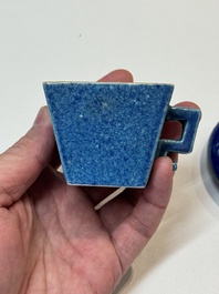 A Chinese yellow-glazed bowl, a robin's egg-glazed square cup and a powder-blue-ground seal paste box, 19/20th C.