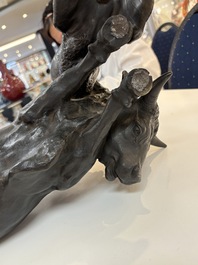 A Japanese bronze okimono of a tiger and a bull, signed Sano Takachika 佐野隆親, Meiji, 19th C.