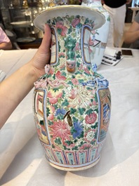 A pair of Chinese famille rose vases with narrative design on wooden stands, 19th C.