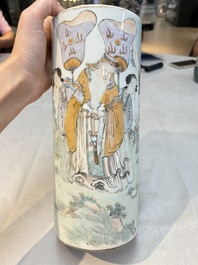 A pair of Chinese polychrome 'Zhong Kui' vases and two qianjiang cai hat stands, Jiangxi Ciye Gongsi 江西瓷业公司 mark, 20th C.