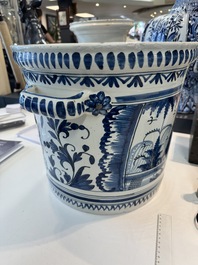 A large blue and white jardini&egrave;re with landscape design, Nevers, 18th C.