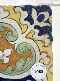 A rare polychrome Dutch Delft maiolica 'nier' or 'kidney' ornament tile, late 16th C.