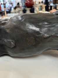 A Japanese bronze okimono of a tiger and a bull, signed Sano Takachika 佐野隆親, Meiji, 19th C.