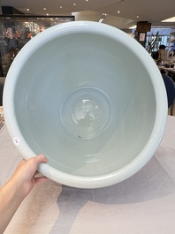A fine Chinese blue, white and copper-red 'lotus scroll' fish bowl, Qianlong
