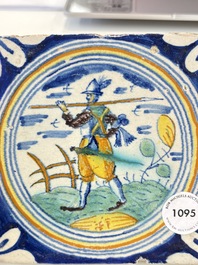 A polychrome Dutch Delft maiolica 'soldier' ​​medallion tile, late 16th C.
