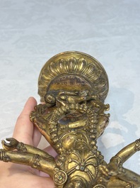 A Nepalese or Tibetan turquoise-inlaid gilt-bronze sculpture of Kurukulla or Red Tara, 15th C. or later