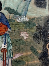 In the manner of Qiu Ying 仇英 (1494-1552): 'Mountainous landscape', ink and colour on silk, 19/20th C.