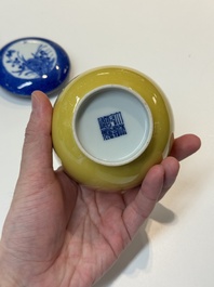 A Chinese yellow-glazed bowl, a robin's egg-glazed square cup and a powder-blue-ground seal paste box, 19/20th C.