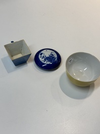 A Chinese yellow-glazed bowl, a robin's egg-glazed square cup and a powder-blue-ground seal paste box, 19/20th C.