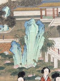 In the manner of Qiu Ying 仇英 (1494-1552): 'Mountainous landscape', ink and colour on silk, 19/20th C.