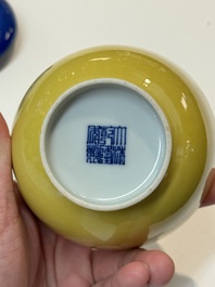 A Chinese yellow-glazed bowl, a robin's egg-glazed square cup and a powder-blue-ground seal paste box, 19/20th C.