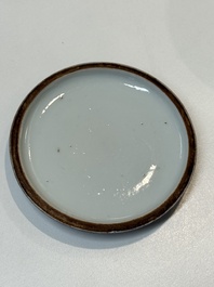 A Chinese yellow-glazed bowl, a robin's egg-glazed square cup and a powder-blue-ground seal paste box, 19/20th C.