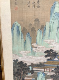 In the manner of Qiu Ying 仇英 (1494-1552): 'Mountainous landscape', ink and colour on silk, 19/20th C.