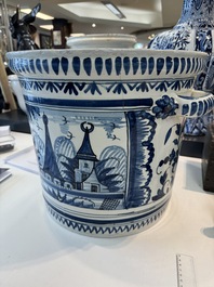 A large blue and white jardini&egrave;re with landscape design, Nevers, 18th C.