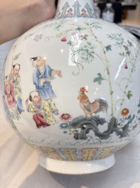 A Chinese famille rose 'boys and roosters' vase and a Milefo Buddha, Guangxu and Zhu Mao Ji 朱茂記造 mark, 19/20th C.