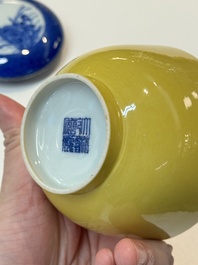 A Chinese yellow-glazed bowl, a robin's egg-glazed square cup and a powder-blue-ground seal paste box, 19/20th C.