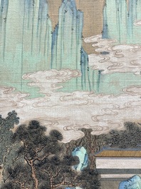 In the manner of Qiu Ying 仇英 (1494-1552): 'Mountainous landscape', ink and colour on silk, 19/20th C.