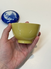 A Chinese yellow-glazed bowl, a robin's egg-glazed square cup and a powder-blue-ground seal paste box, 19/20th C.