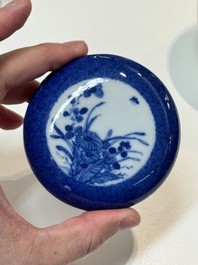 A Chinese yellow-glazed bowl, a robin's egg-glazed square cup and a powder-blue-ground seal paste box, 19/20th C.
