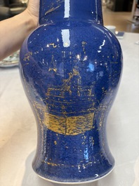 A pair of Chinese gilt-decorated powder-blue 'yenyen' vases, Kangxi