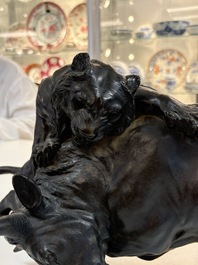 A Japanese bronze okimono of a tiger and a bull, signed Sano Takachika 佐野隆親, Meiji, 19th C.