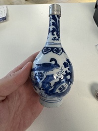 A blue and white Dutch Delft vase with silver cover, 18th C.