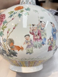 A Chinese famille rose 'boys and roosters' vase and a Milefo Buddha, Guangxu and Zhu Mao Ji 朱茂記造 mark, 19/20th C.