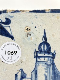 Two blue and white Dutch Delft 'castle' and 'soldier with coloured flame' tiles, 17th C.