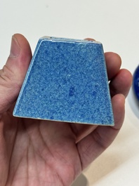 A Chinese yellow-glazed bowl, a robin's egg-glazed square cup and a powder-blue-ground seal paste box, 19/20th C.