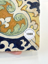 A rare polychrome Dutch Delft maiolica 'nier' or 'kidney' ornament tile, late 16th C.