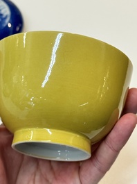 A Chinese yellow-glazed bowl, a robin's egg-glazed square cup and a powder-blue-ground seal paste box, 19/20th C.