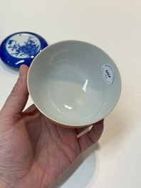 A Chinese yellow-glazed bowl, a robin's egg-glazed square cup and a powder-blue-ground seal paste box, 19/20th C.