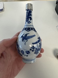 A blue and white Dutch Delft vase with silver cover, 18th C.