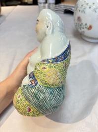 A Chinese famille rose 'boys and roosters' vase and a Milefo Buddha, Guangxu and Zhu Mao Ji 朱茂記造 mark, 19/20th C.