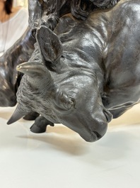 A Japanese bronze okimono of a tiger and a bull, signed Sano Takachika 佐野隆親, Meiji, 19th C.