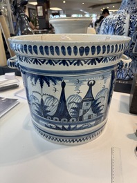 A large blue and white jardini&egrave;re with landscape design, Nevers, 18th C.