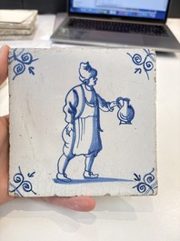 Six blue and white Dutch Delft 'figure' tiles , 17th C.
