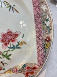 A set of five Chinese famille rose 'floral scroll painting' plates and three dishes, Qianlong