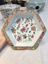 A Chinese Canton famille rose hexagonal jardini&egrave;re and stand, 19th C.