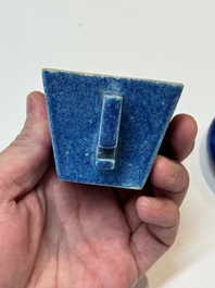 A Chinese yellow-glazed bowl, a robin's egg-glazed square cup and a powder-blue-ground seal paste box, 19/20th C.