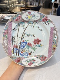 A set of five Chinese famille rose 'floral scroll painting' plates and three dishes, Qianlong