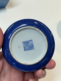 A Chinese yellow-glazed bowl, a robin's egg-glazed square cup and a powder-blue-ground seal paste box, 19/20th C.
