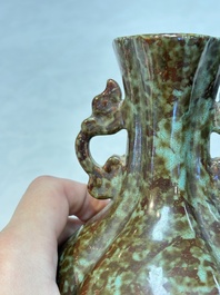A Chinese celadon-glazed vase and a faux bronze-glazed vase, Qianlong mark, 18/19th C.