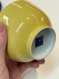 A Chinese yellow-glazed bowl, a robin's egg-glazed square cup and a powder-blue-ground seal paste box, 19/20th C.