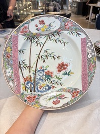 A set of five Chinese famille rose 'floral scroll painting' plates and three dishes, Qianlong