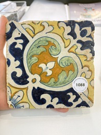 A rare polychrome Dutch Delft maiolica 'nier' or 'kidney' ornament tile, late 16th C.