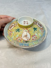 A Chinese qianjiang cai tray, two famille rose brush pots and a yellow-ground covered bowl, Tongzhi and Guangxu mark, 19/20th C.