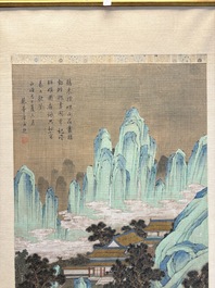 In the manner of Qiu Ying 仇英 (1494-1552): 'Mountainous landscape', ink and colour on silk, 19/20th C.